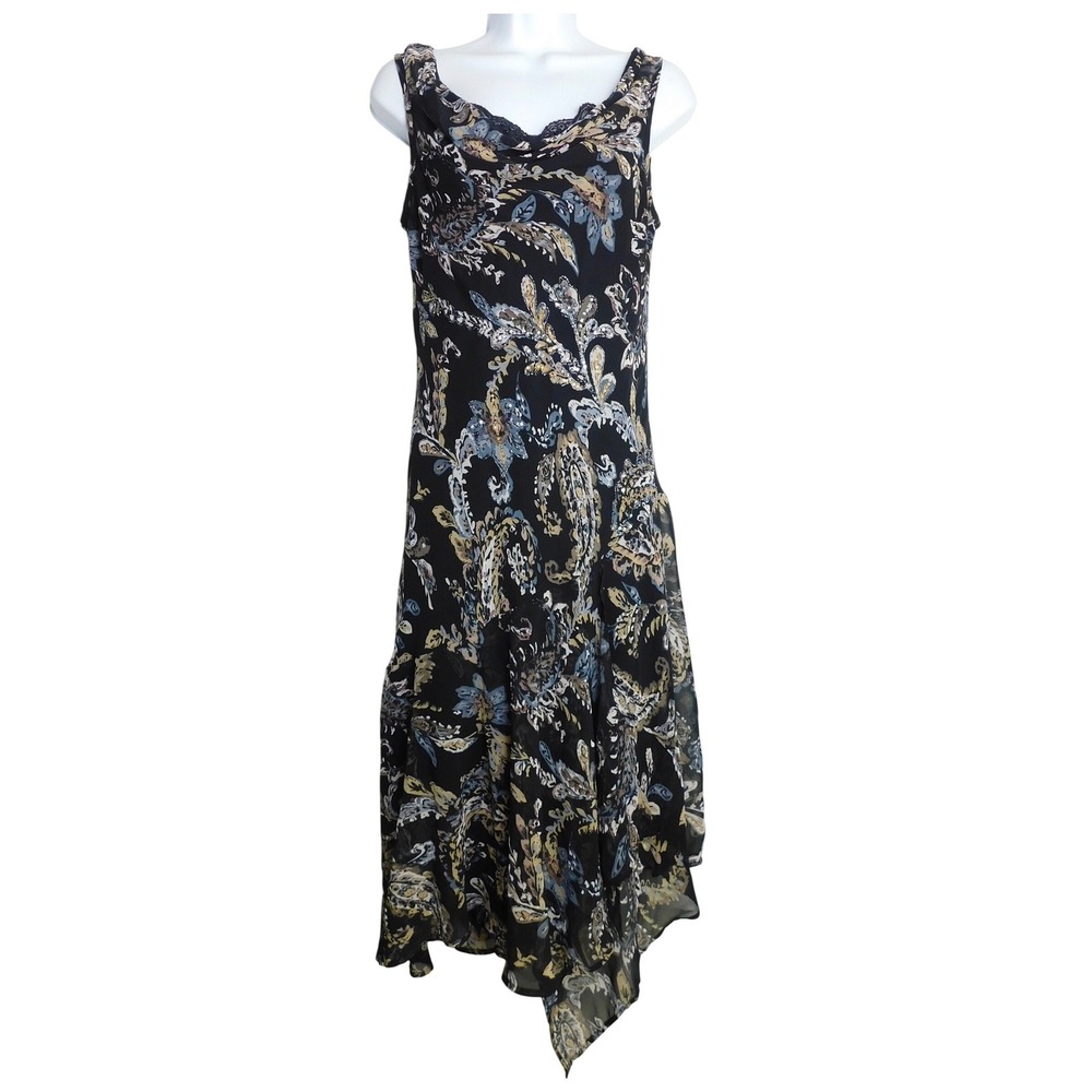 Connected Apparel Paisley Floral Midi Dress Womens Medium Black Handkerchief Hem